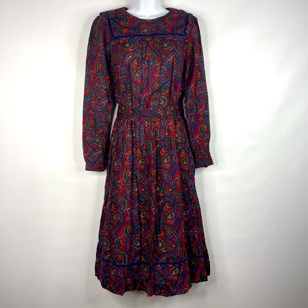 Vintage 80s Lanz Originals Red Blue Paisley Square Bib Collar Modest Mid…